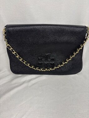 Tory Burch Black Leather w Shine Print Shoulder Bag with Gold Chain